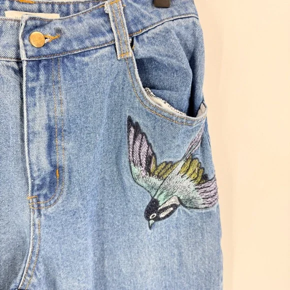 Honey Punch Embroidered Floral Bird Jeans Size M Boho Indie Whimsical Festival - Picture 4 of 11